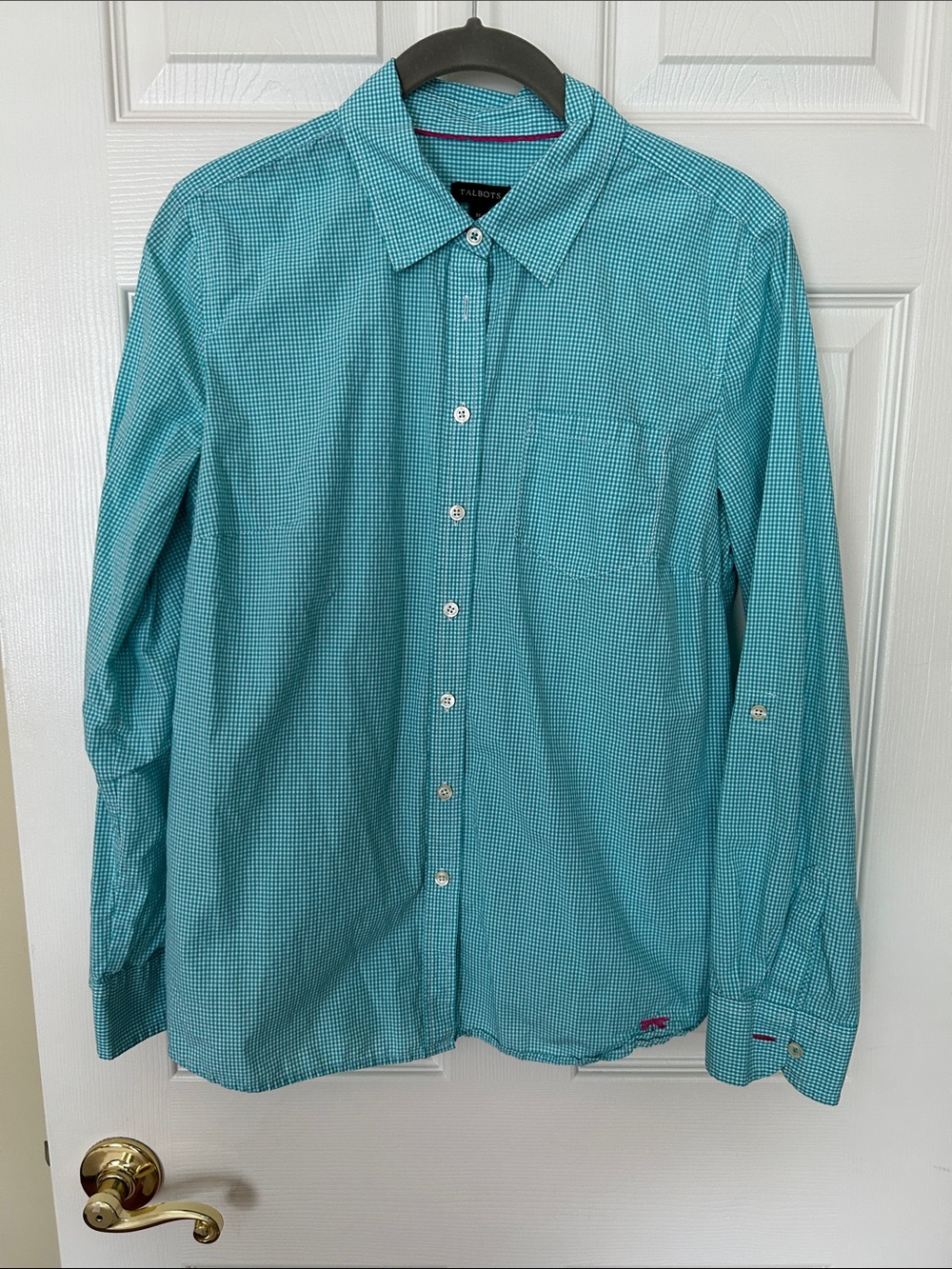 Talbots Women’s Mini Teal Check Button-Down Shirt Sz M 100% Cotton